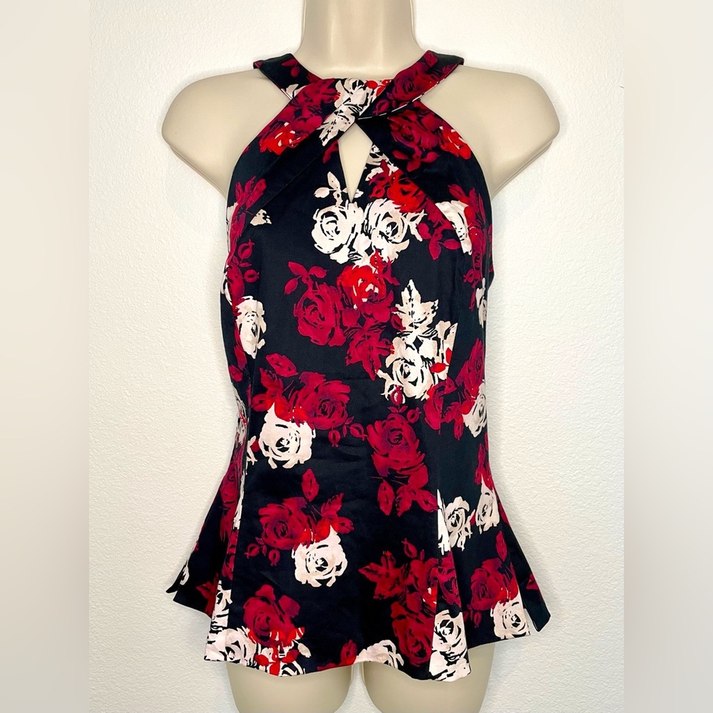 White House Black Market Red Black White Floral Halter Peplum Keyhole Top